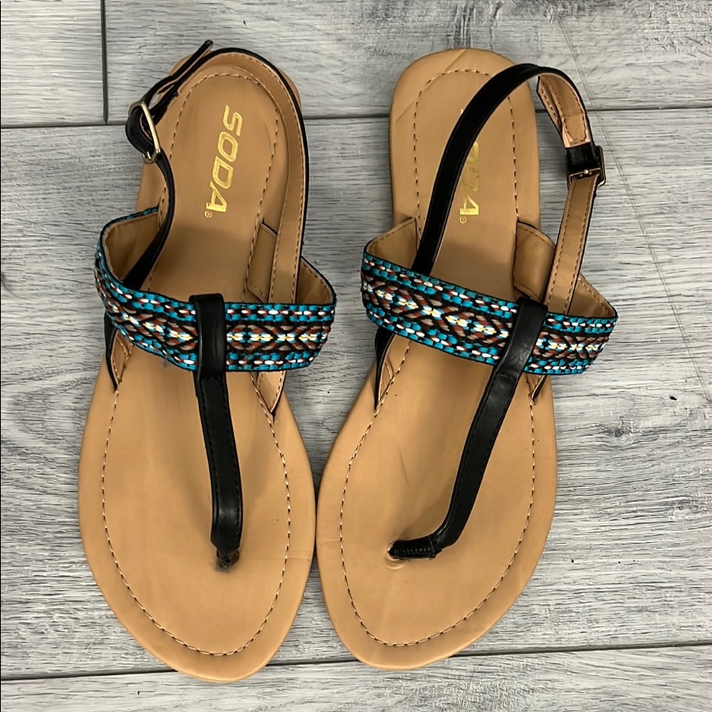 Soda Black and Blue T-Strap Sandals with Beaded Design